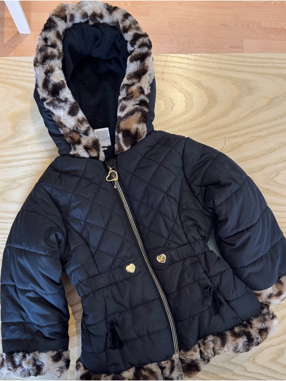 okie dokie Black Quilted Puffer Coat with Leopard Trim